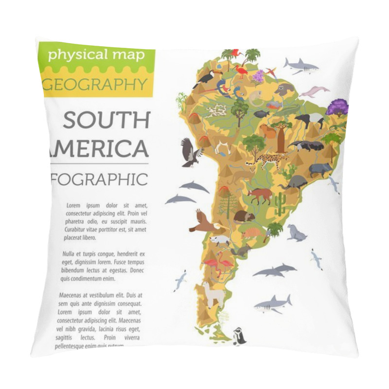 Personality  South America Flora And Fauna Map, Flat Elements. Animals, Birds Pillow Covers