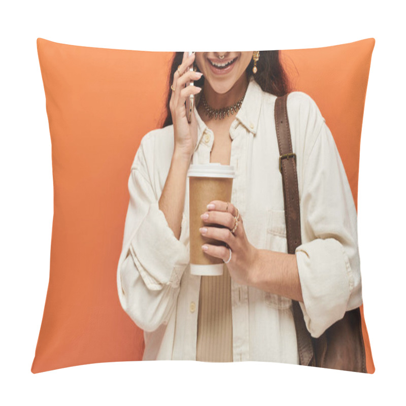 Personality  A Young Indian Woman Chatting On The Phone While Enjoying A Cup Of Coffee. Pillow Covers