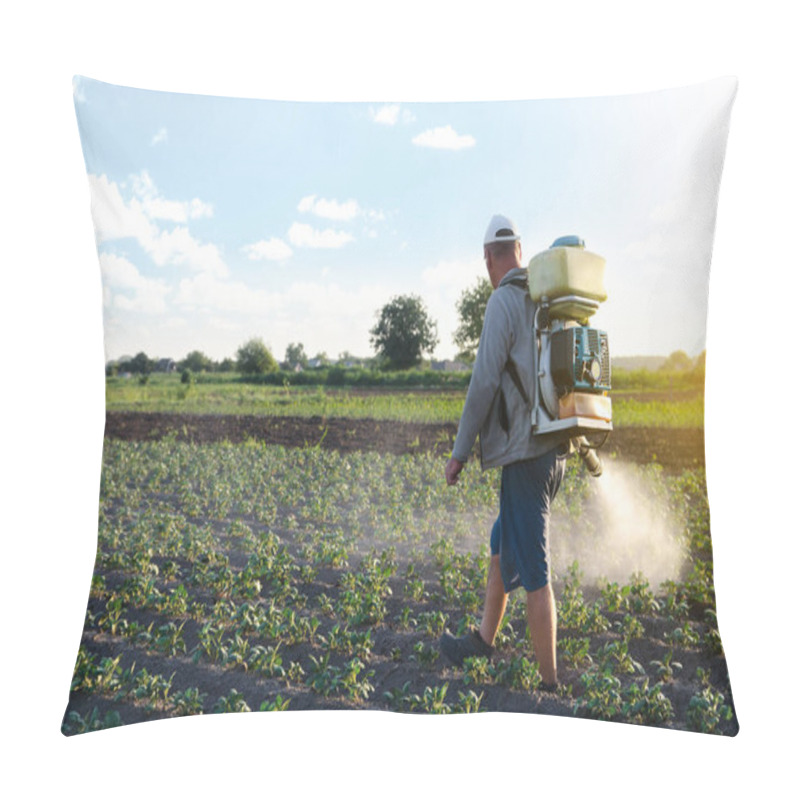 Personality  Farmer Sprays A Potato Plantation With A Sprayer. Chemical Treatment. Mist Sprayer, Fungicide And Pesticide. Effective Crop Protection Of Cultivated Plants Against Insects And Fungal. Working On Field Pillow Covers