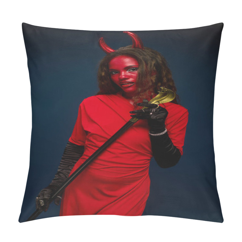 Personality  A Stunning Woman In A Red Costume Poses Confidently, Embracing Her Halloween Spirit. Pillow Covers