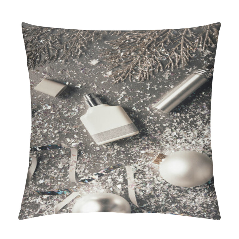 Personality  Top View Of Bottled Perfumes And Shiny Christmas Baubles On Grey Pillow Covers