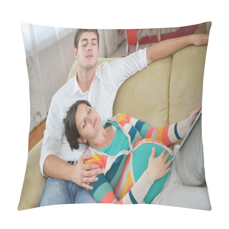 Personality  Pregnant Couple At Home Using Tablet Computer Pillow Covers