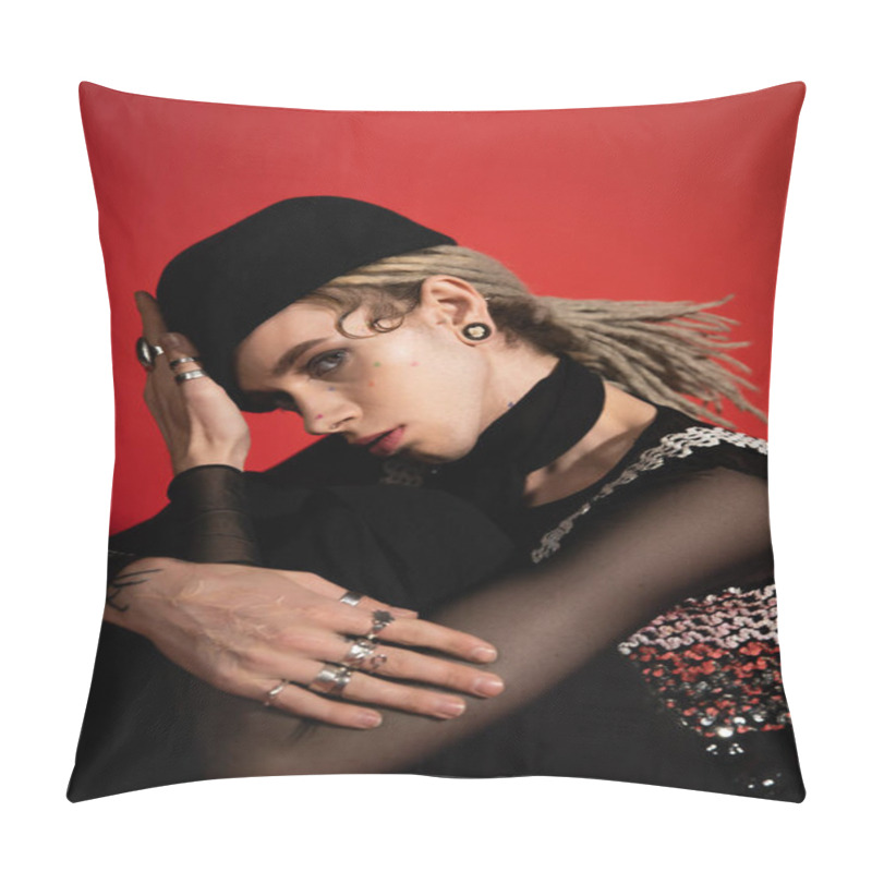 Personality  Young Queer Person In Silver Finger Rings And Black Beret Looking At Camera Isolated On Red Pillow Covers