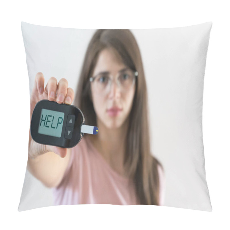 Personality  Girl With Juvenile Diabetes Shows Glucosometer Asking For Help Pillow Covers