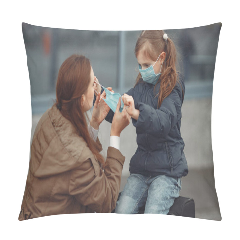 Personality  A European Mother In A Respirator With Her Daughter Are Standing Near A Building.The Parent Is Teaching Her Child How To Wear Protective Mask To Save Herself From Virus Pillow Covers