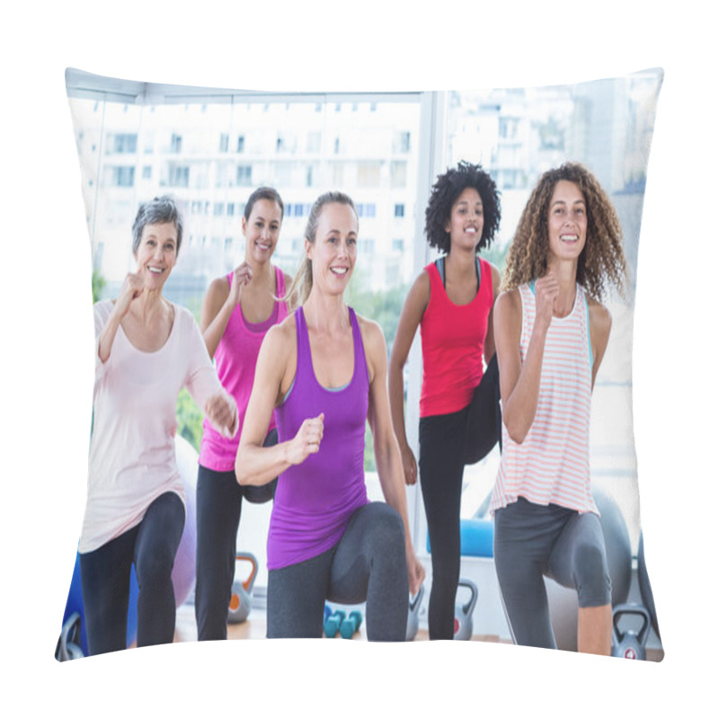 Personality  Portrait Of Smiling Women Exercising With Clasped Hands  Pillow Covers