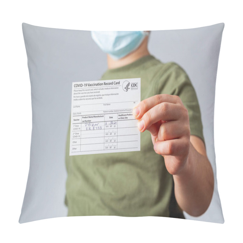 Personality  04-02-2021 Clarksburg, MD, USA: It Is Expected That Kids Will Be Getting Vaccines Before The Start Of The School Year. Concept Image Showing  A Kid Holding A COVID-19 Vaccination Record Card Pillow Covers