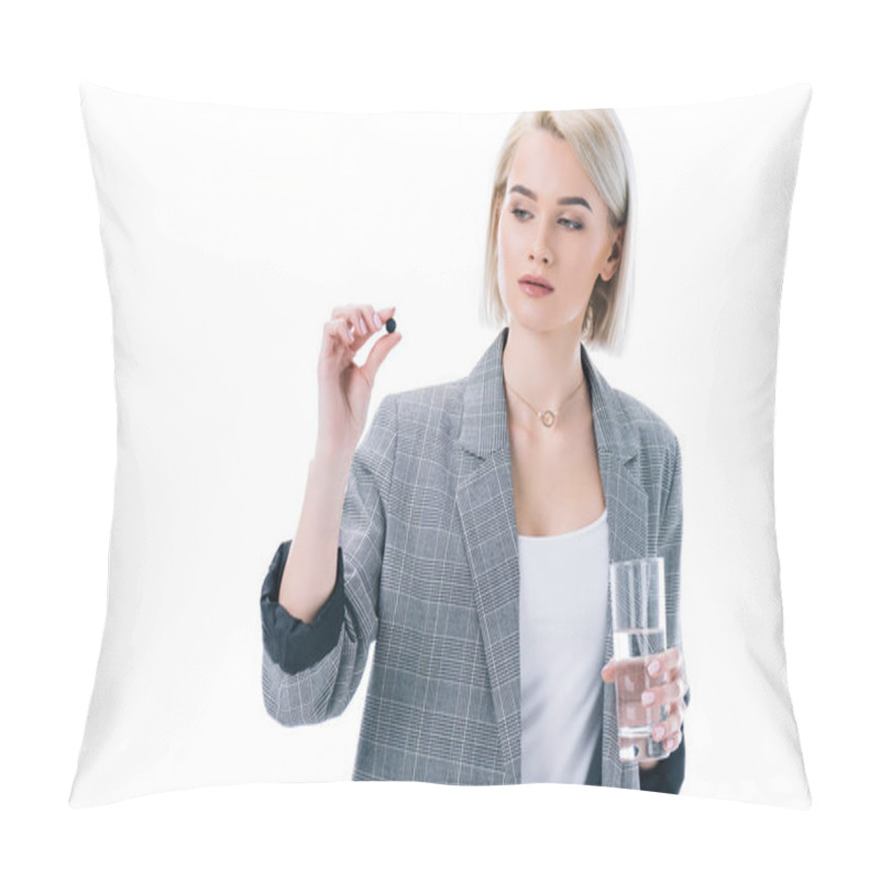 Personality  Woman Holding Glass Of Water And Activated Carbon Tablet, Isolated On White Pillow Covers