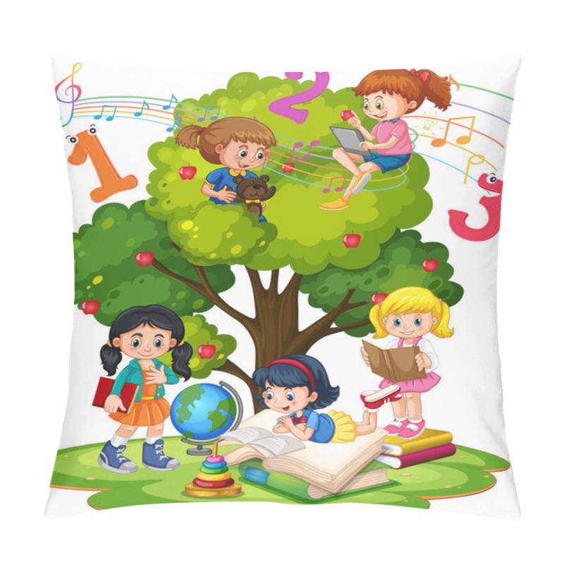 Personality  A Children Are Reading Books On A Stack Of Books In Garden Scene  Illustration Pillow Covers