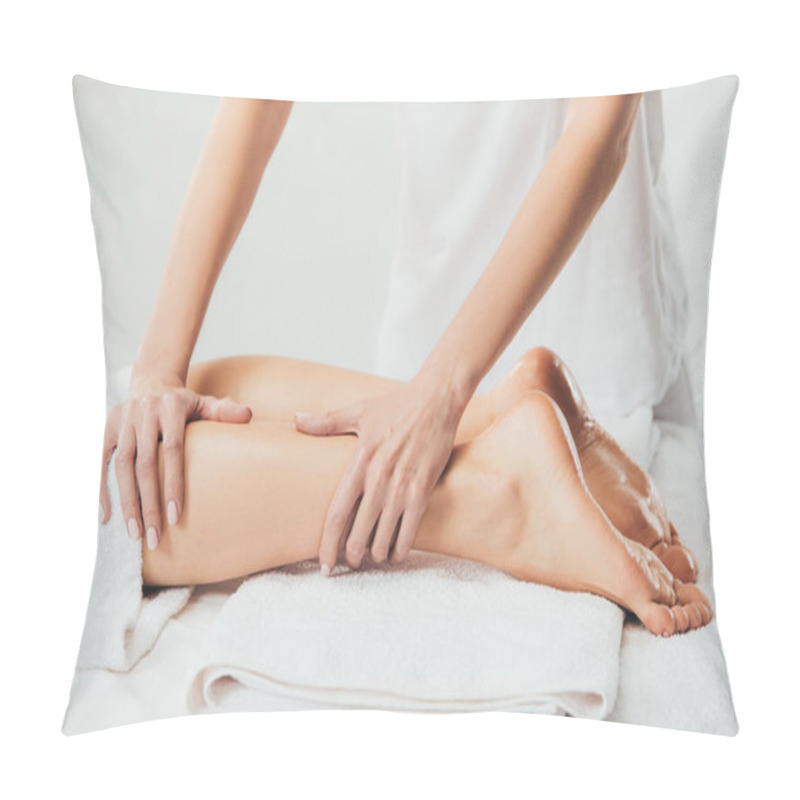 Personality  Partial View Of Masseur Doing Foot Massage To Adult Woman In Spa Pillow Covers