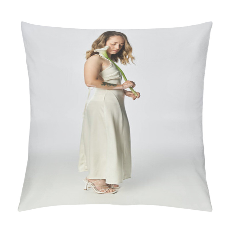 Personality  A Young Woman With Vitiligo Stands Elegantly, Holding A Flower And Wearing A Stylish Dress. Pillow Covers