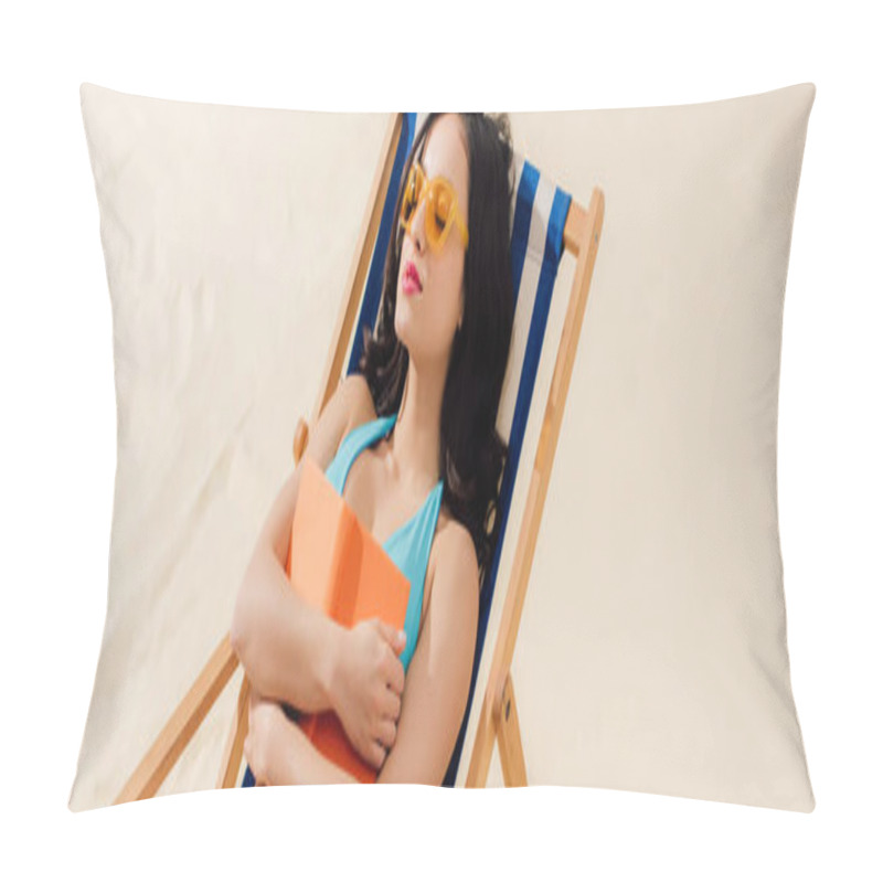 Personality  Panoramic Shot Of Beautiful Girl In Bikini Relaxing On Deck Chair With Book On Beach Pillow Covers