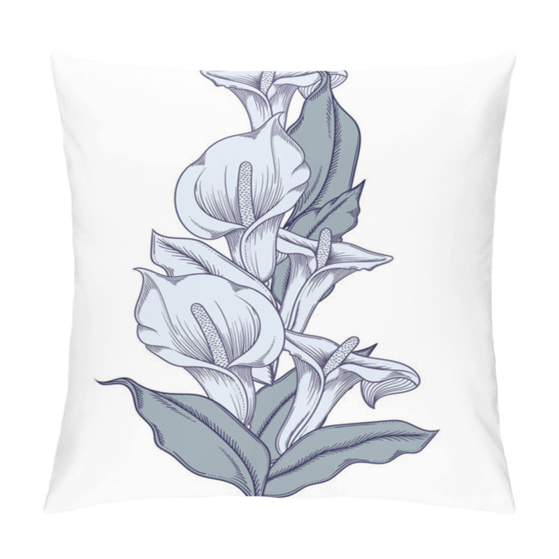 Personality  Hand Drawn Blue Blooming Callas Flowers. Detailed Illustration Of Decorative Calla Lily Flowers In Line Style Isolated On White Background. Accurate Hand Drawing Of Romantic Calla Lilies.  Pillow Covers