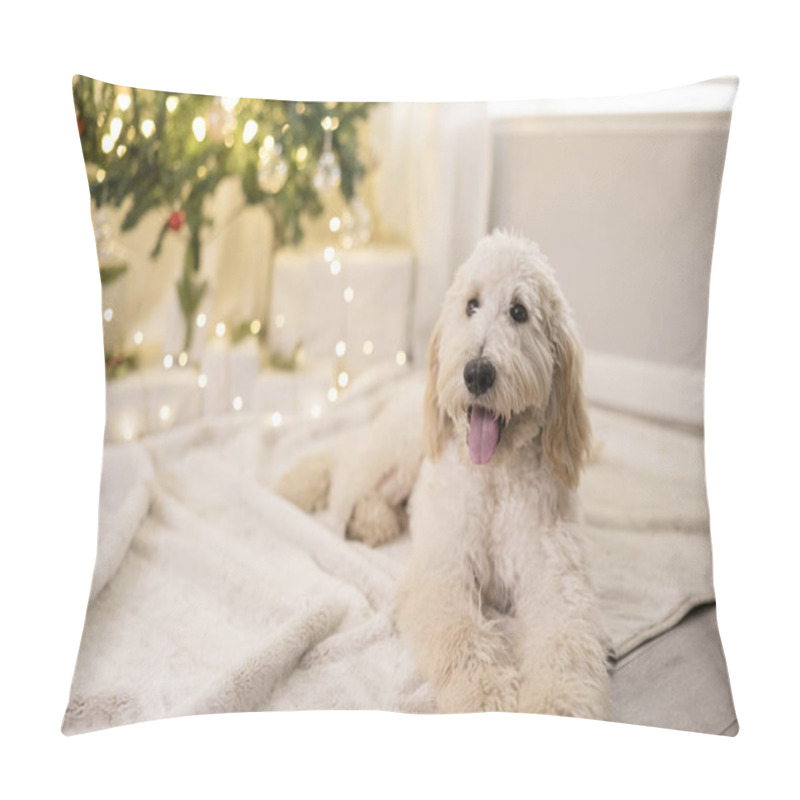 Personality  Happy Dog Laying Down In Front Of Christmas Tree Pillow Covers