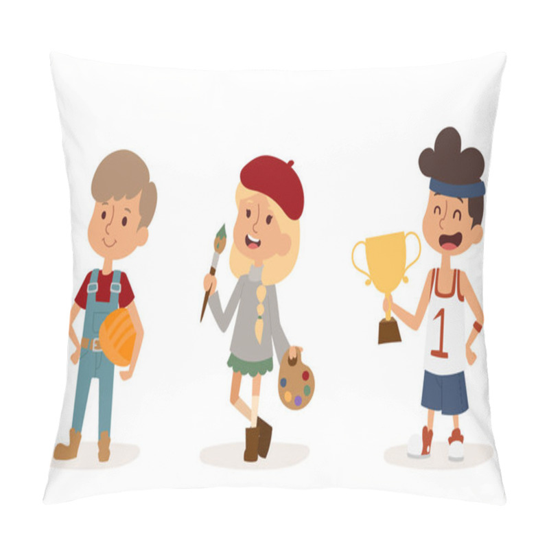 Personality  Cartoon Profession Kids Children Vector Set Illustration Person Childhood Painter Sportsman Builder Artist Uniform Worker Character Pillow Covers