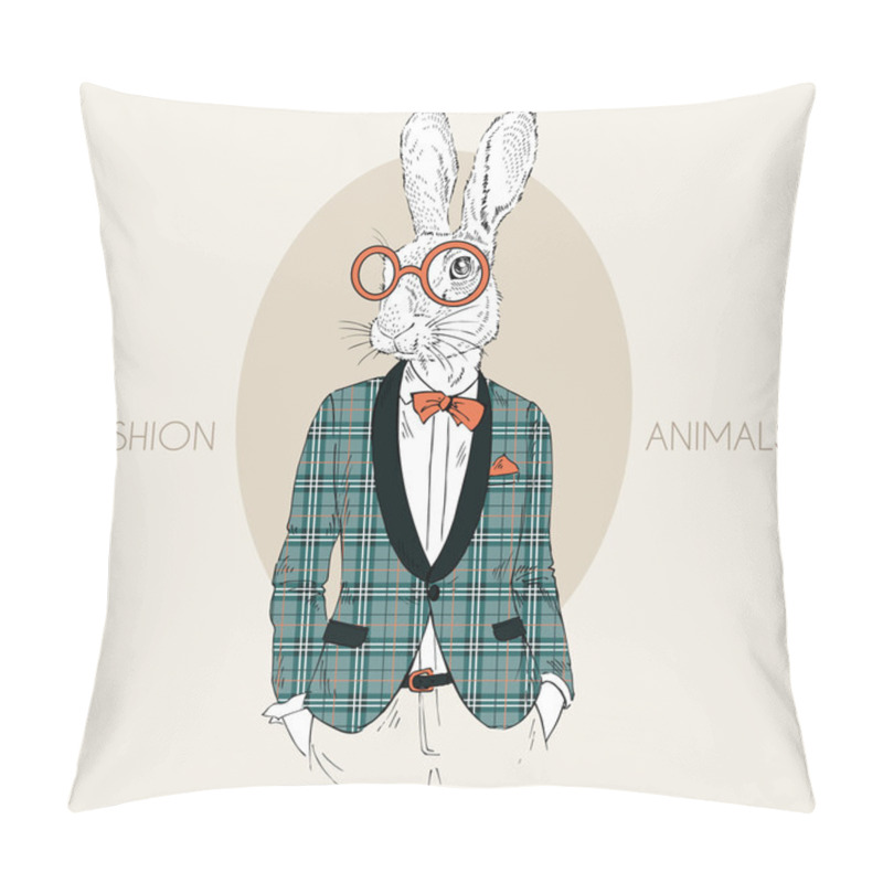 Personality  Bunny Hipster Dressed Up In Trendy Plaid Coat Pillow Covers