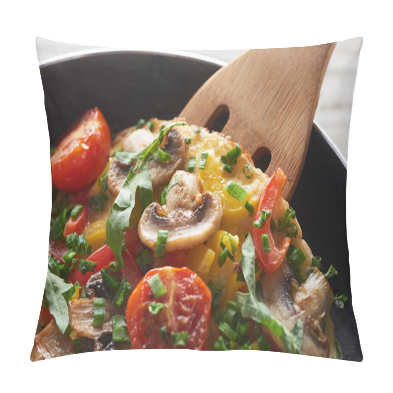 Personality  Close Up Of Homemade Omelet With Vegetables And Greens In Frying Pan With Wooden Shovel Pillow Covers