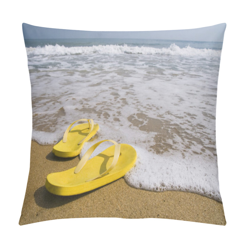 Personality  Beach Slippers On A Sandy Beach, Summer Pillow Covers