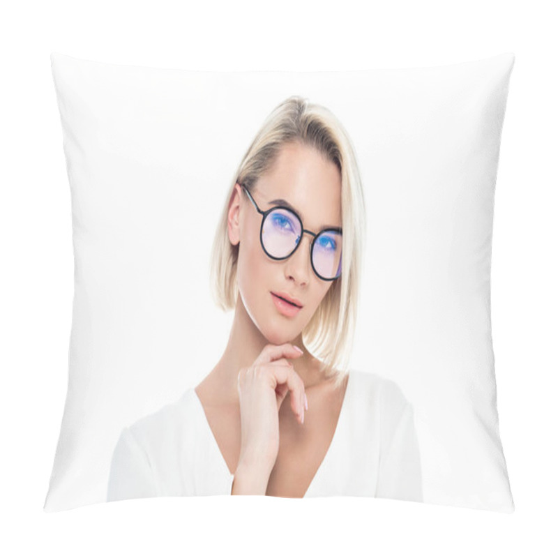 Personality  Beautiful Pensive Girl In Eyeglasses, Isolated On White Pillow Covers