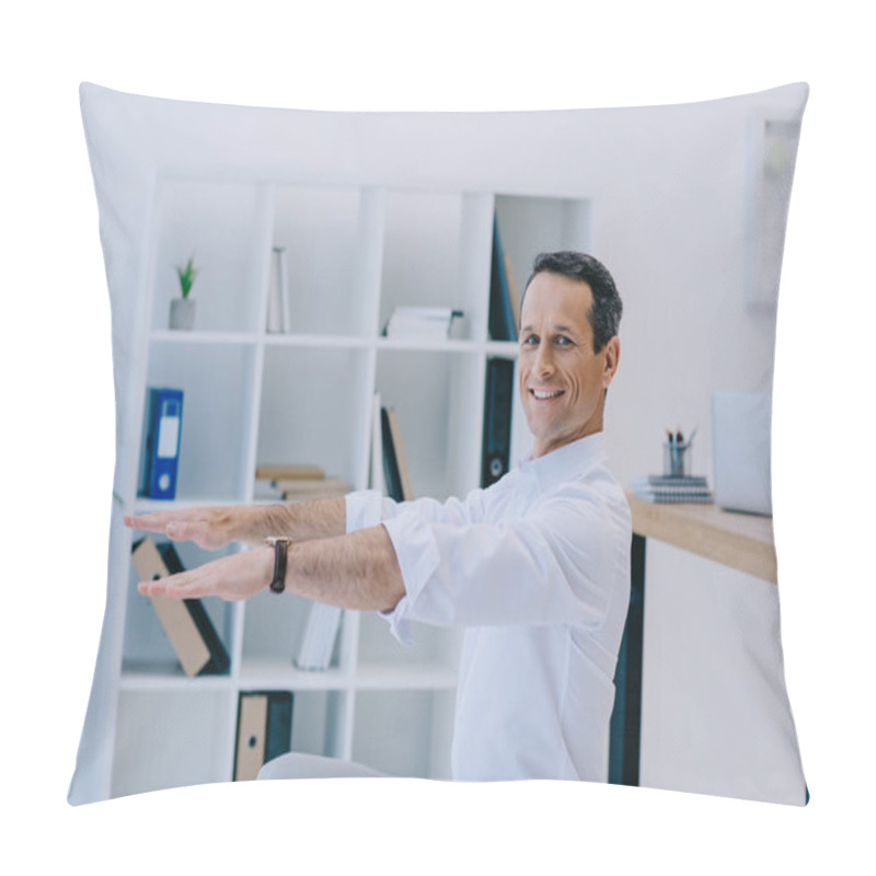 Personality  Happy Mature Businessman Doing Squats At Office Pillow Covers