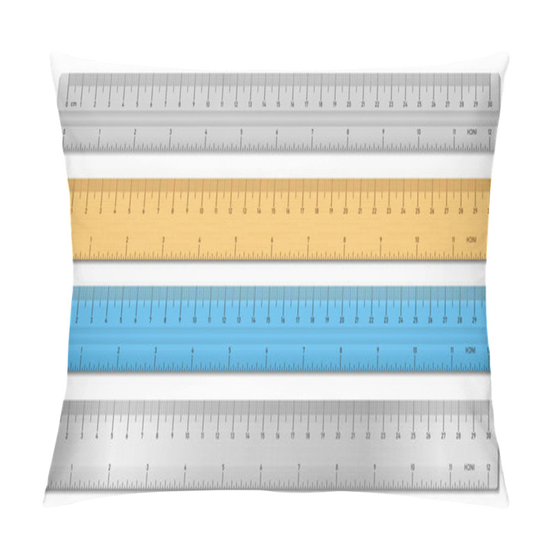 Personality  Realistic Tape Rulers Set Isolated On White. Plastic, Metal And Wooden Double Sided Measurement In Cm And Inches. Vector Illustration Pillow Covers