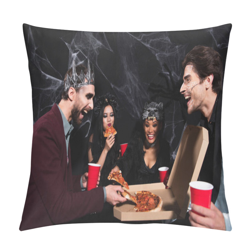 Personality  Happy Man In Vampire King Crown Taking Pizza Near Multiethnic Friends On Black Pillow Covers