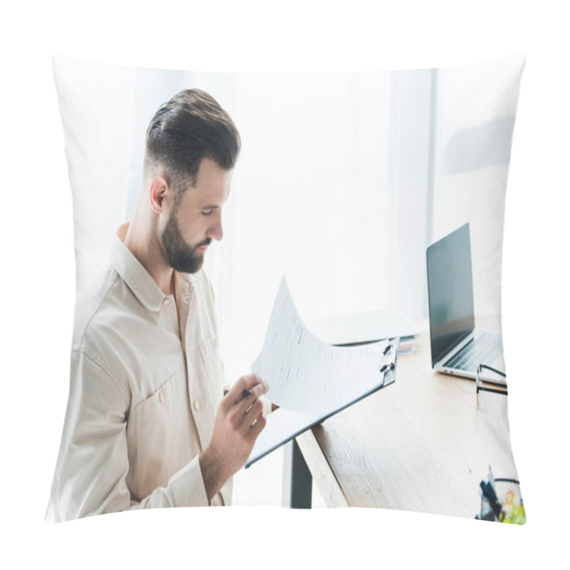 Personality  Handsome Bearded Man Looking At Paper While Holding Clipboard  Pillow Covers