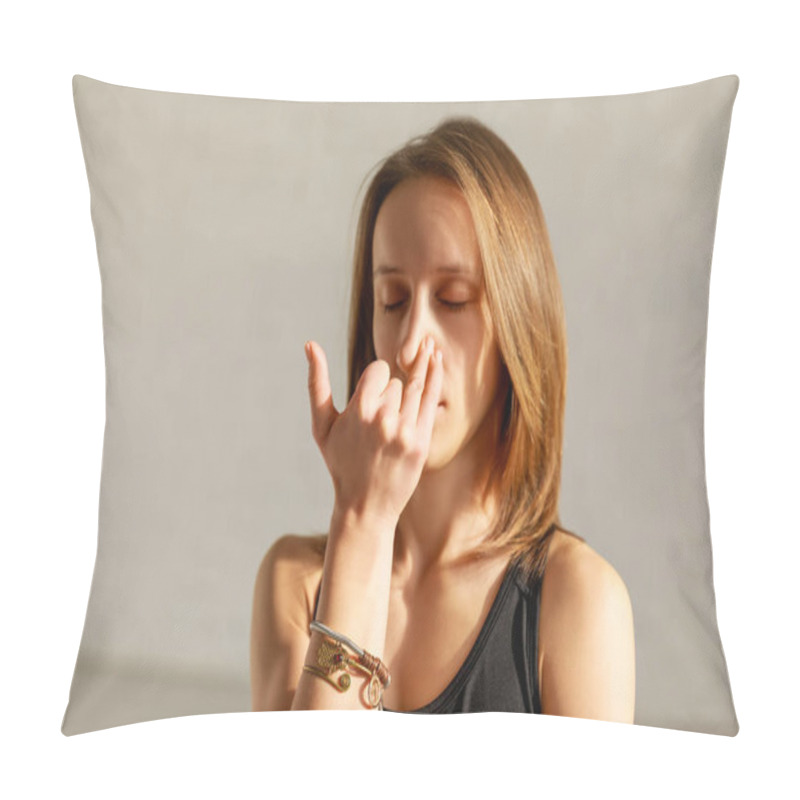 Personality  Attractive Woman With Closed Eyes Doing Breathing Exercise Pillow Covers