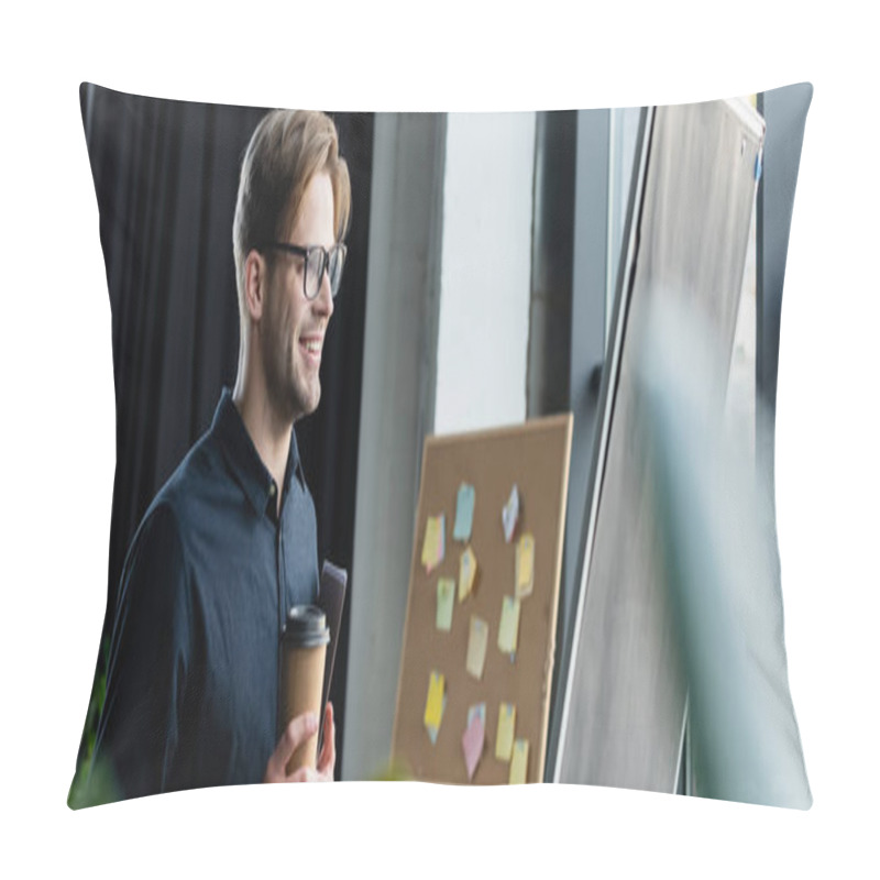 Personality  Smiling Programmer With Coffee And Paper Folder Looking At Flip Chart, Banner  Pillow Covers