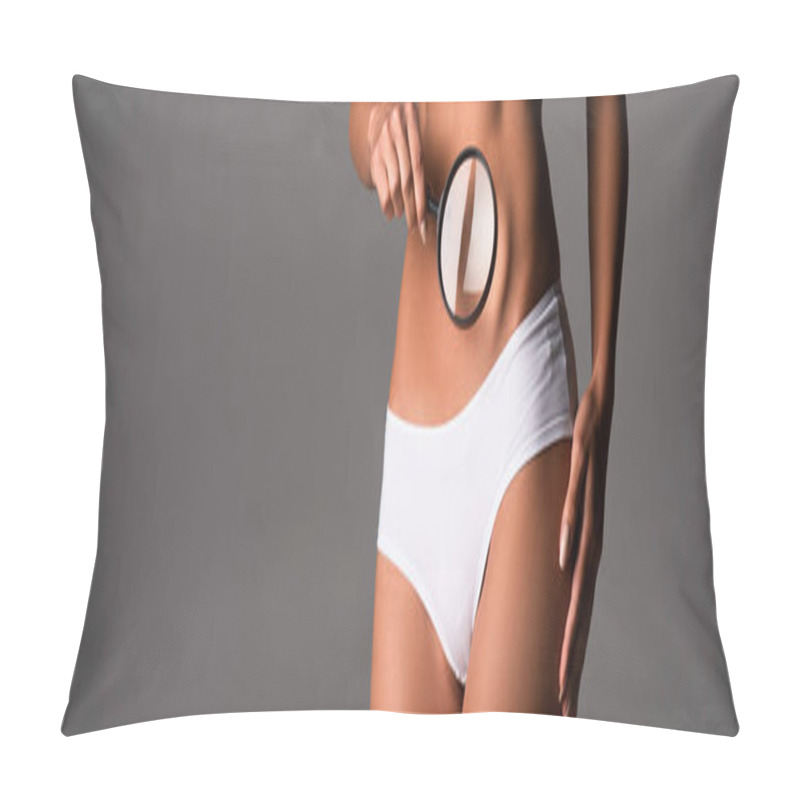 Personality  Panoramic Shot Of Sexy Girl In White Panties Holding Magnifying Glass Isolated On Grey Pillow Covers