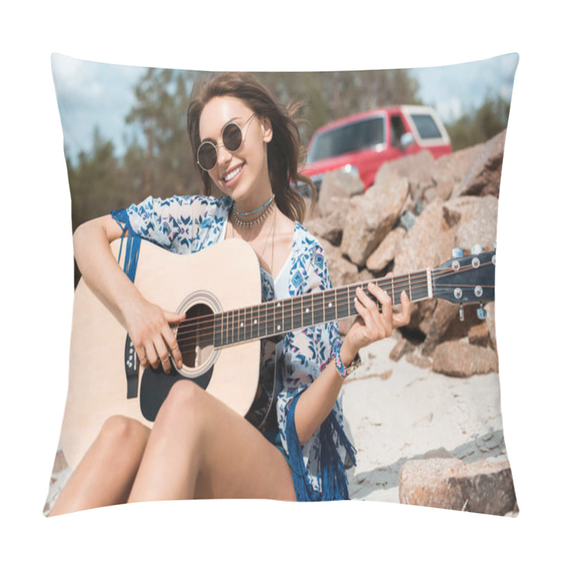 Personality  Young Smiling Woman In Sunglasses Playing Acoustic Guitar Outdoors Pillow Covers