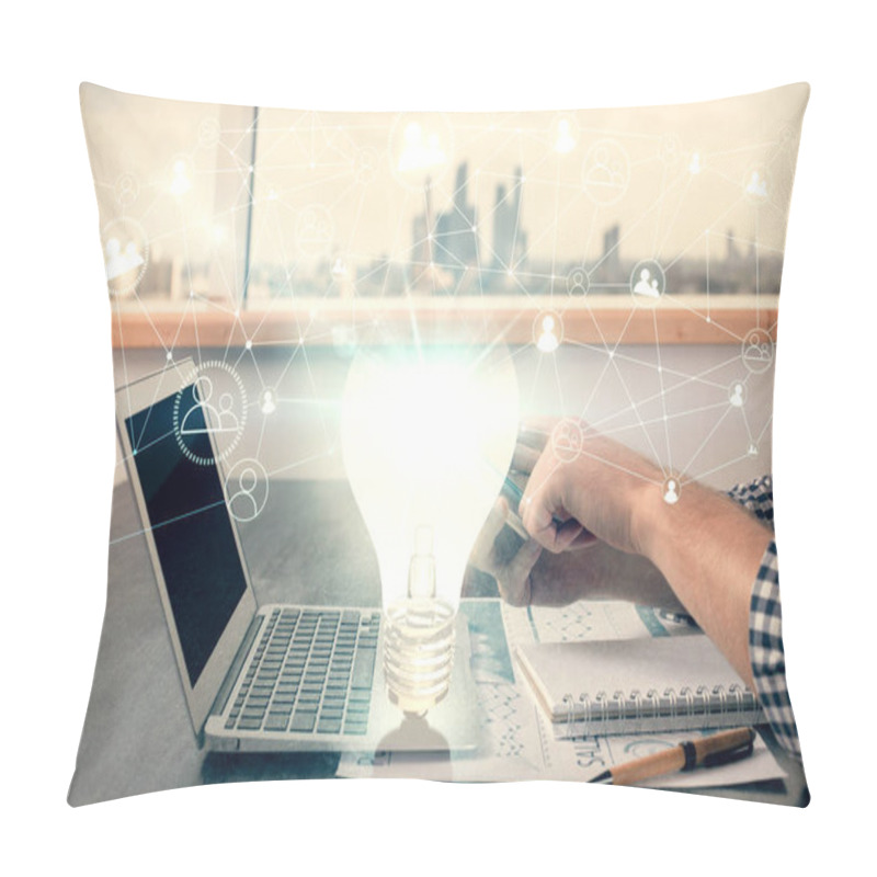 Personality  Double Exposure Of Mans Hands Holding And Using A Digital Device And Bulb Hologram Drawing. Idea Concept. Pillow Covers