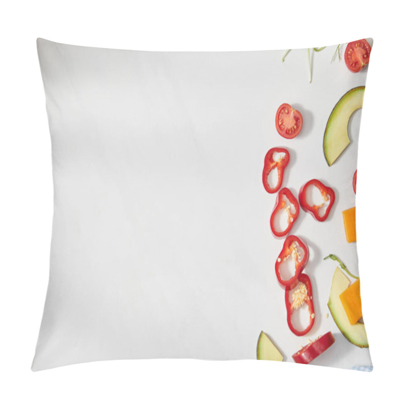 Personality  Top View Of Cut Chili Pepper, Pumpkin And Cherry Tomatoes With Avocado Slices On White Background Pillow Covers