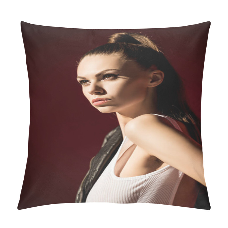 Personality  Attractive Girl With Ponytail Hairstyle Posing For Fashion Shoot On Red Pillow Covers