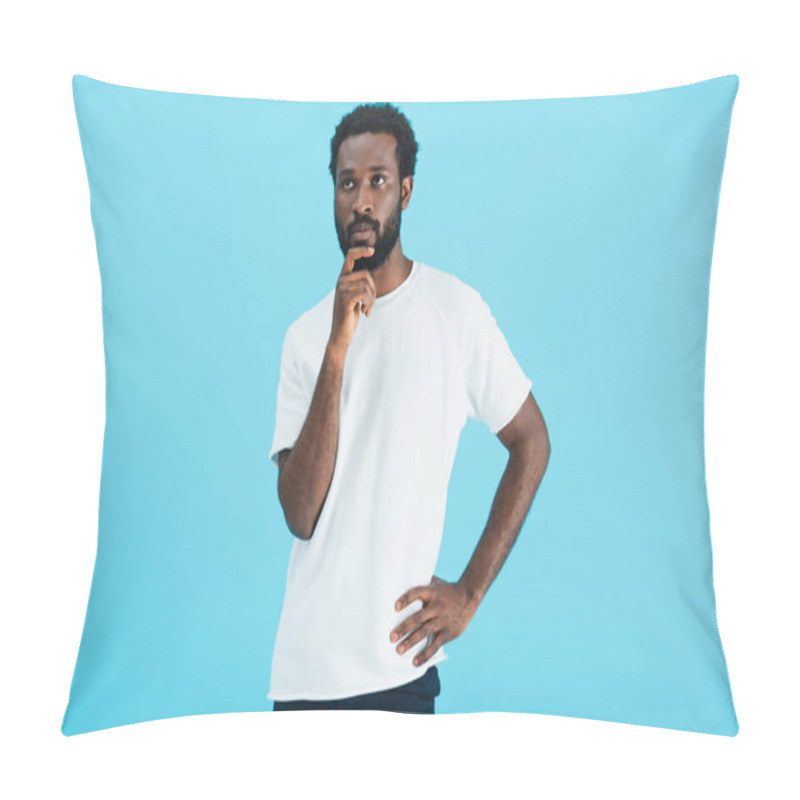 Personality  Thoughtful African American Man In White T-shirt Isolated On Blue   Pillow Covers