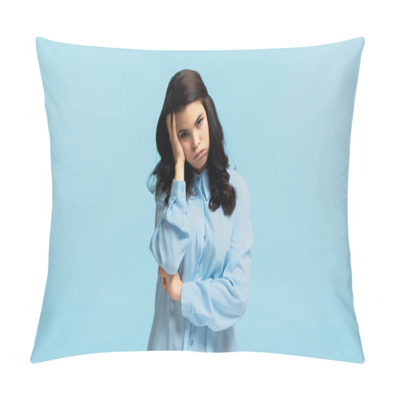 Personality  Displeased Young Woman In Shirt Touching Head While Puffing Cheeks Isolated On Blue Pillow Covers