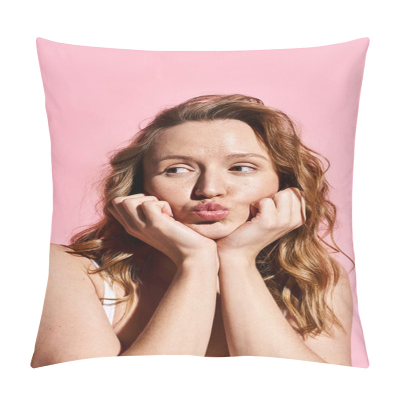 Personality  A Woman With Her Hands On Her Face, Expressing Deep Emotion And Introspection. Pillow Covers