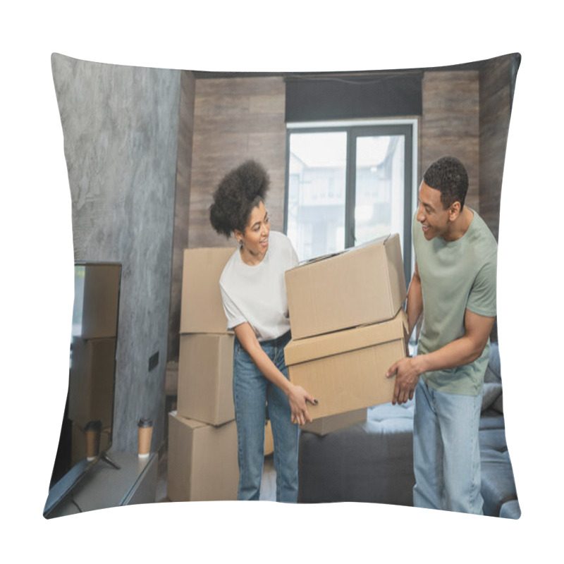 Personality  Positive African American Couple Holding Carton Boxes And Smiling In Living Room In New House Pillow Covers