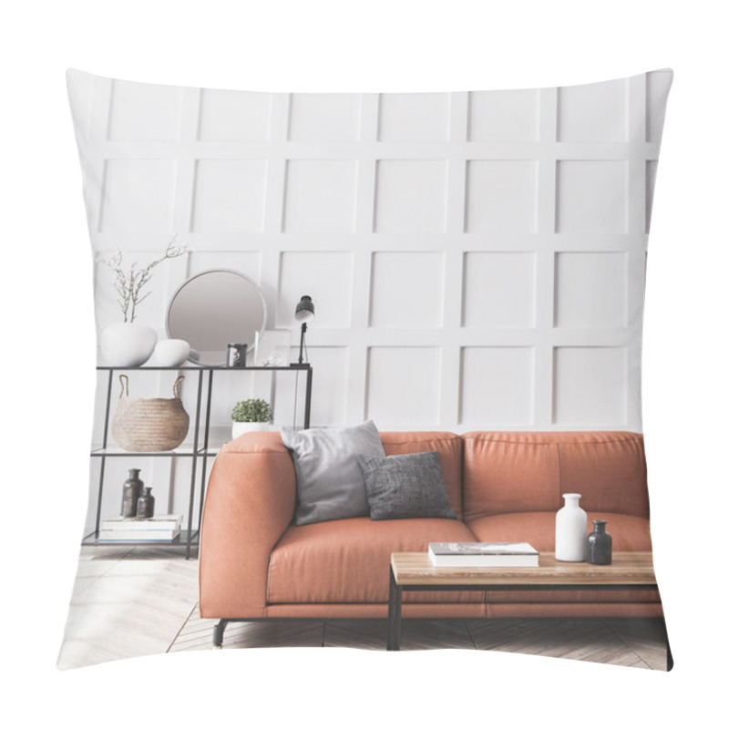 Personality  Close Up Of Modern Orange Leather Sofa In Scandinavian Living Room Style With Bright Gray Wooden Wall Paneling, Home Decor Pillow Covers