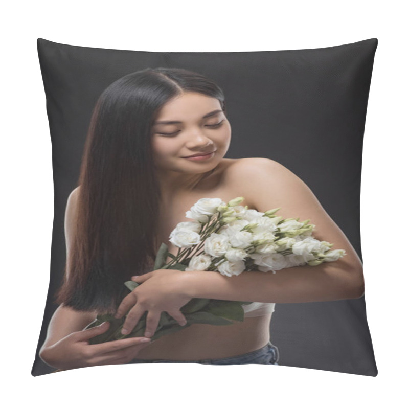 Personality  Portrait Of Asian Woman With Beautiful Dark Hair And Bouquet Of White Eustoma Flowers Isolated On Black Pillow Covers