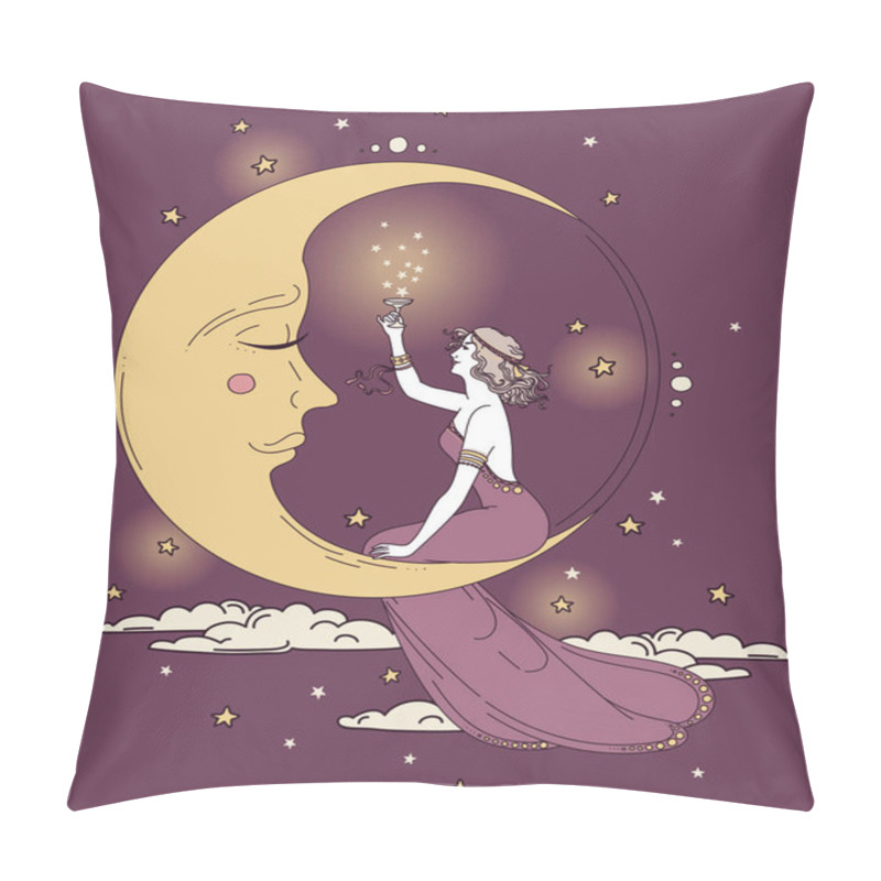 Personality  Beautiful Poster In Art Nouveau Style With Party Woman And Moon In Starry Sky Pillow Covers