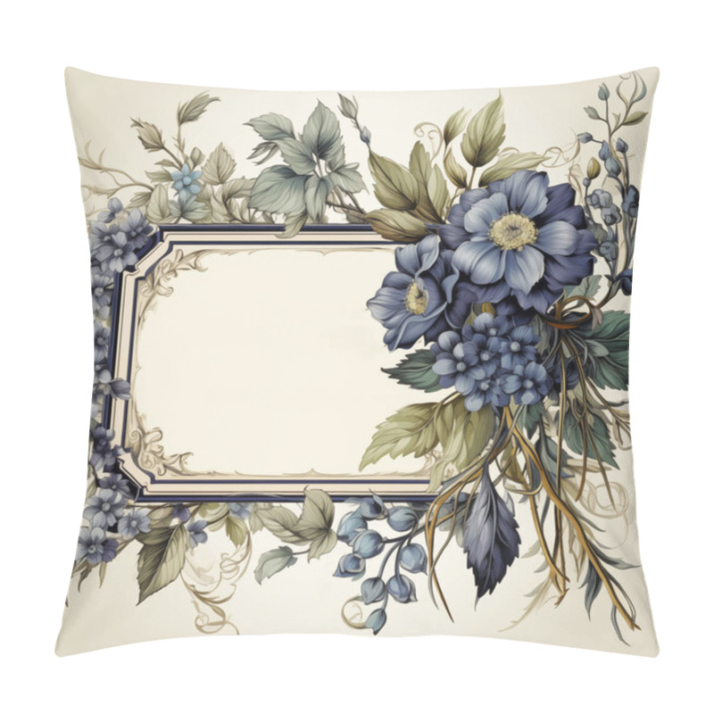 Personality  Elegant Floral Frame With Blue And Green Flowers And Leaves On A Neutral Background, Perfect For Invitations Or Cards. Pillow Covers