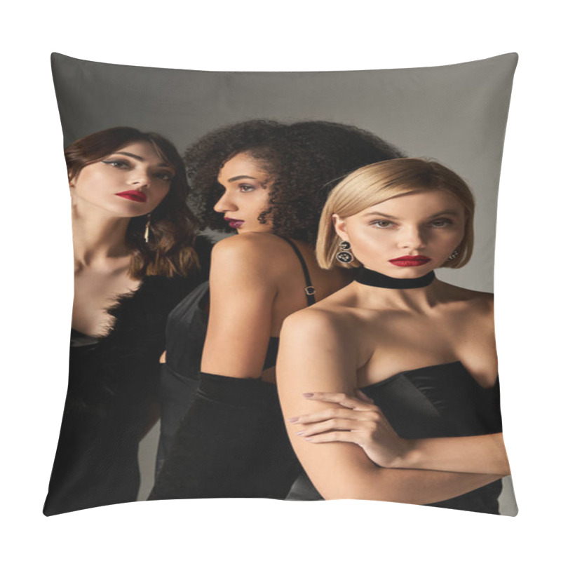 Personality  Three Beautiful Women Of Different Ethnicities, Dressed In Elegant Black Attire, Strike A Pose Against A Grey Backdrop. Pillow Covers