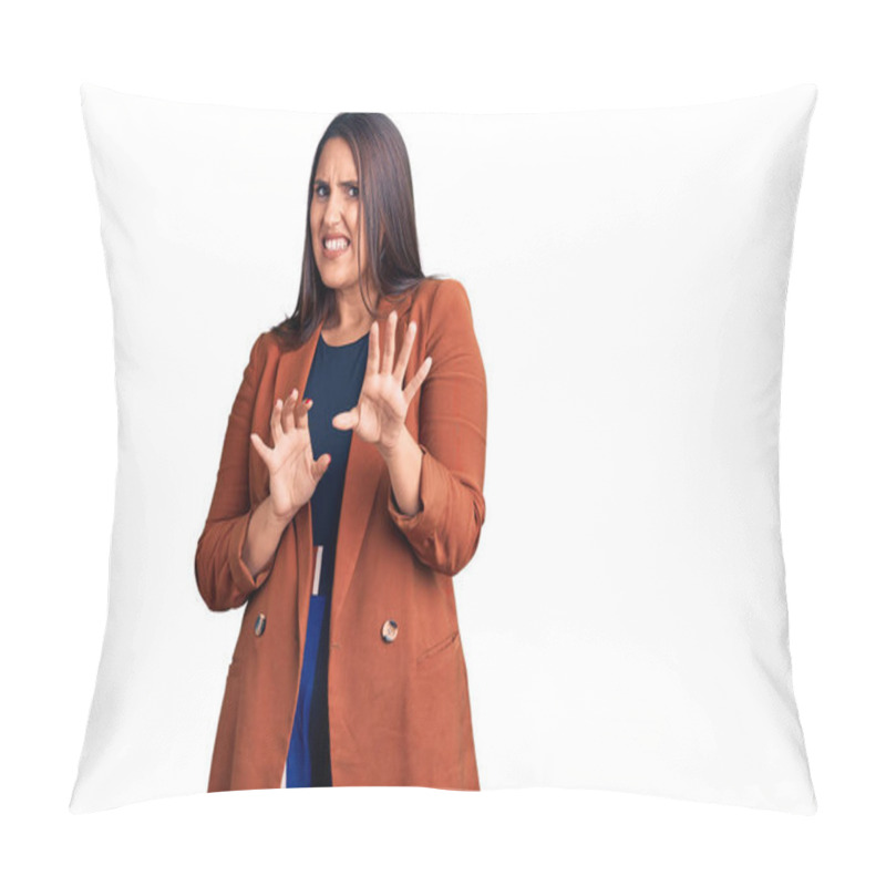 Personality  Young Beautiful Brunette Woman Wearing Elegant Clothes Disgusted Expression, Displeased And Fearful Doing Disgust Face Because Aversion Reaction. With Hands Raised  Pillow Covers