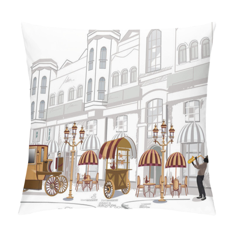 Personality  Series Of Sketches Of Beautiful Old City Views With Cafes Pillow Covers