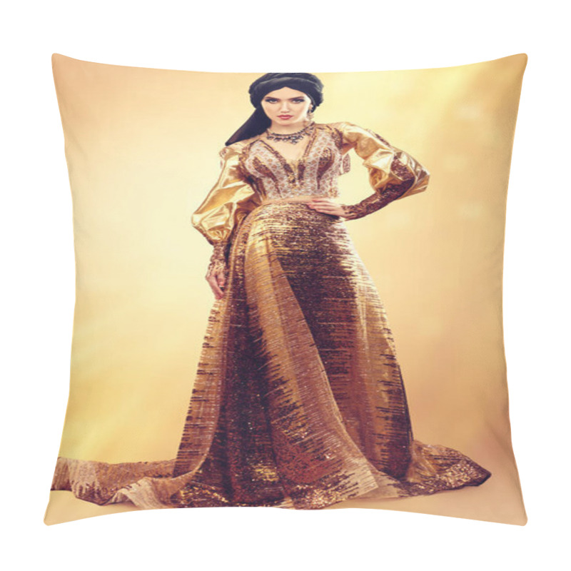 Personality  Oriental Beauty Woman. Full Length Portrait Of A Beautiful Arabian Woman In Traditional Dress, With Traditional Oriental Make-up And Black Hijab. Make-up And Cosmetics. Studio Shot.  Pillow Covers