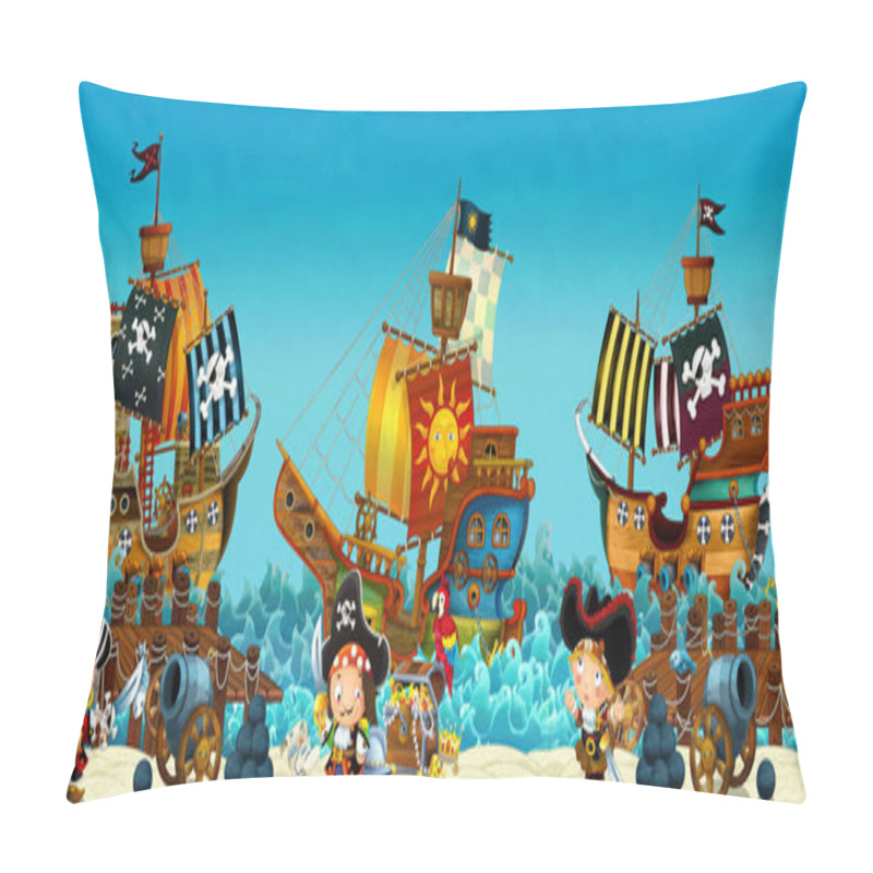 Personality  Cartoon Scene Of Beach Near The Sea Or Ocean - Pirate Captains On The Shore And Treasure Chest - Pirate Ships - Illustration For Children Pillow Covers