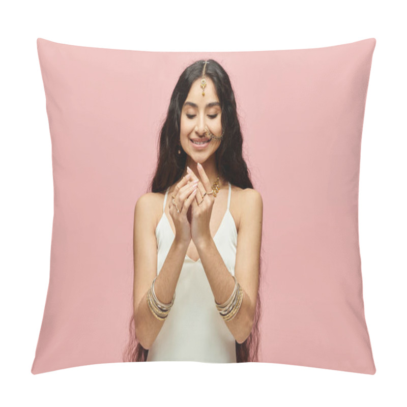 Personality  Young Indian Woman Praying In Front Of Vibrant Pink Backdrop. Pillow Covers