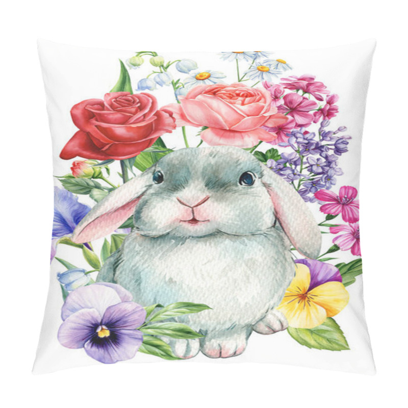 Personality  Soft Bunny Surrounded By Blooming Roses, Lilies Of The Valley, Pansies, Irises, And Lilac, Watercolor Illustration Of A Spring Floral Composition. High Quality Illustration Pillow Covers