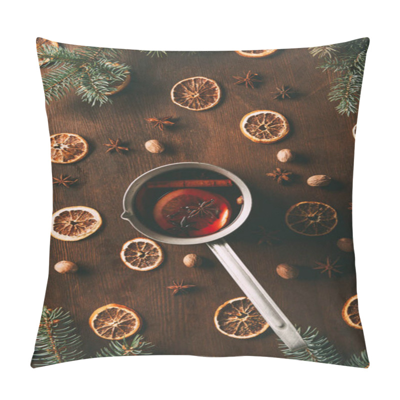 Personality  Top View Of Hot Spiced Wine In Saucepan With Dried Orange Slices On Wooden Background With Pine Branches Pillow Covers